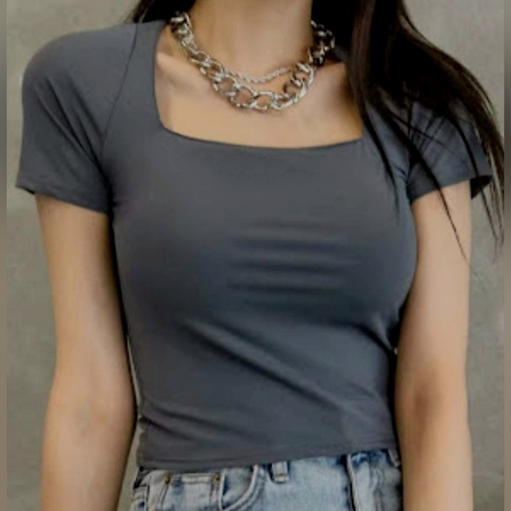 Dazy by SHEIN Juniors Dark Gray Square Neck Short Sleeve Crop Top Size XL - Picture 3 of 11